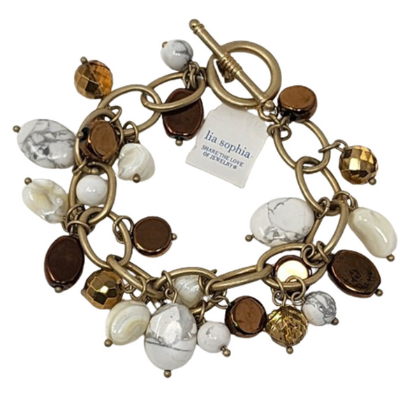 Lia Sophia Chain Link Bracelet 7" -Genuine Howlite, Mother-of-Pearl, Glass Beads - Picture 1 of 10